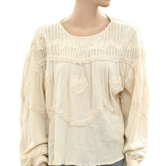 Free People Maisey Knit Blouse Top Floral Lace Embroidered Billowy S NWD 277115 - Picture 6 of 9